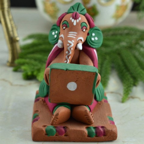 Terracotta Handpainted Computer Ganesha - Green & Red