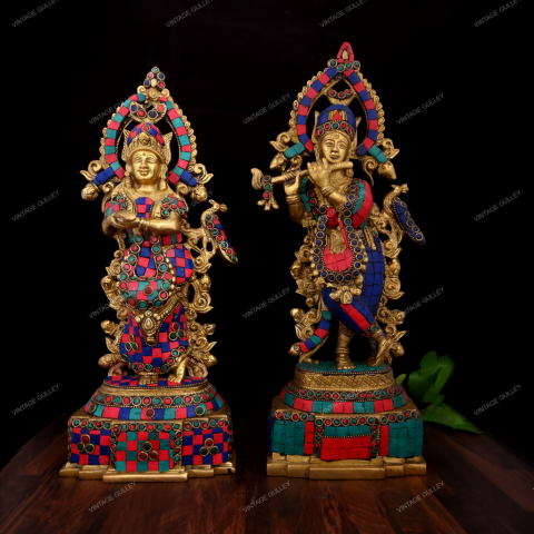 Brass Radha Krishna Stonework - 14 Inches