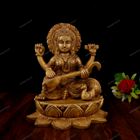 Brass Saraswati Sitting on a Lotus Flower