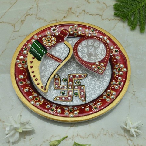 Marble Pooja Thali with Diya and Chopra for Tilak