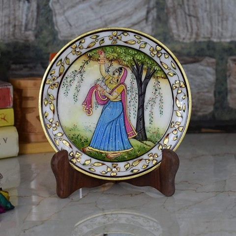 Marble 22 Carat Gold Foil Work Round Shape Ragini with Tree - 6 Inches