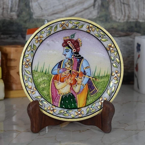 Marble 22 Carat Gold Foil Work Round Shape RadhaKrishna - 6 Inches