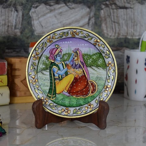 Marble 22 Carat Gold Foil Work Round Shape RadhaKrishan - 6 Inches