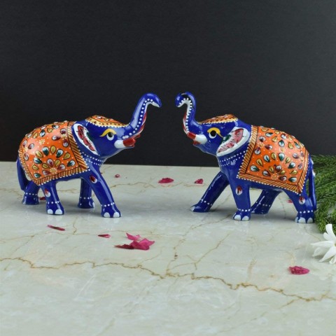Meenakari Royal Blue-Orange Elephant Set of 2