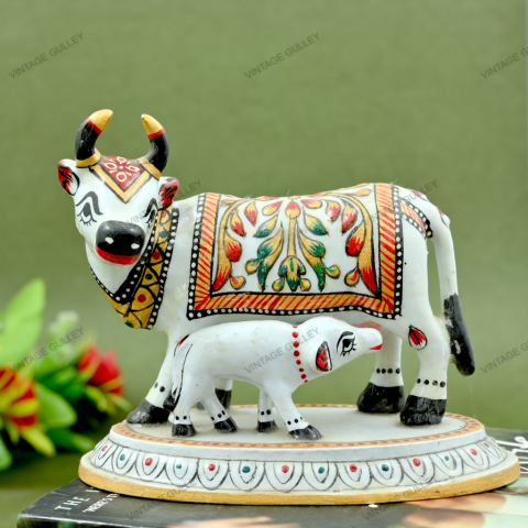 Enameled Meenakari Cow & Calf Royal White