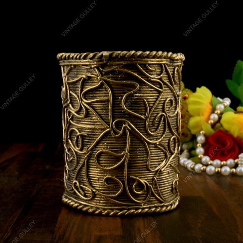 Brass Dhokra Root Designed Cylindrical Pen Stand