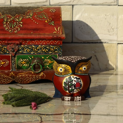 Hand Carved & Hand Painted Wooden Owl - Red with Fish Motif - 4 Inches