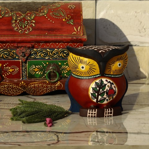 Hand Carved & Hand Painted Wooden Owl - Red with Fish Motif - 5 inches