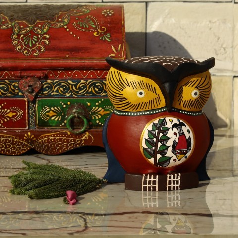 Hand Carved & Hand Painted Wooden Owl - Red with Fish Motif - 6 inches