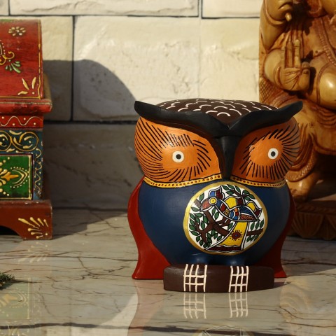 Hand Carved & Hand Painted Wooden Owl - Blue with Bird Motif - 5 inches