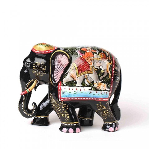 Wooden Elephant with Hand-Painted Hunting Scene