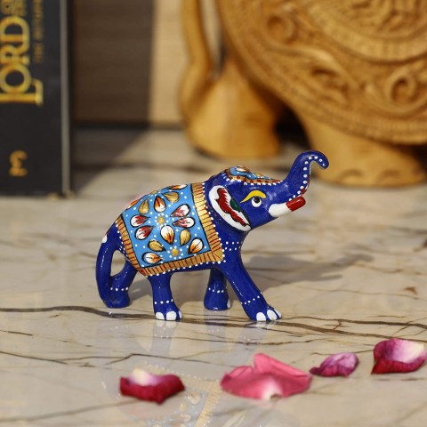 Meenakari Royal Blue Elephant I Hand-Enameled in Metal I Gift/Home Decor I Single I Living Room - Blue