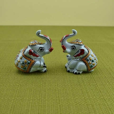 Meenakari Royal White Elephant Sitting I Hand-Enameled in Metal I Gift/Home Decor I Single I Living Room - Set of 2