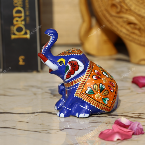 Meenakari Royal Blue Elephant Sitting - 4 Inches