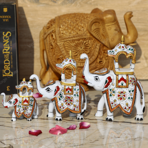 Metal Ambabari Meenakari Work Painted - Set of 3 - White