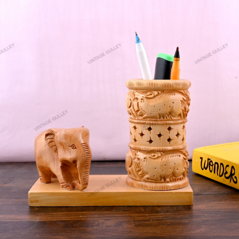 Wooden Carved Elephant Pencil & Pen Holder