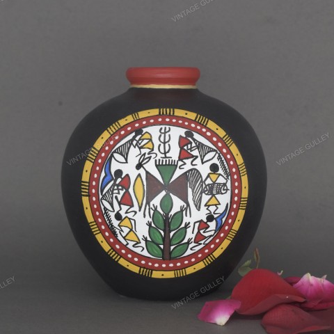 Warli Hand-Painted Terracotta Pot - Black