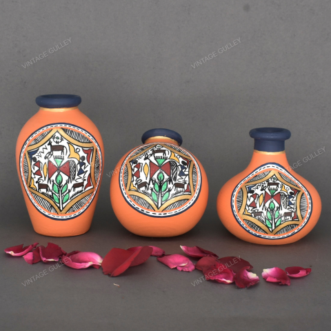 Orange Warli Hand Painted Terracotta Pot - Set of 3