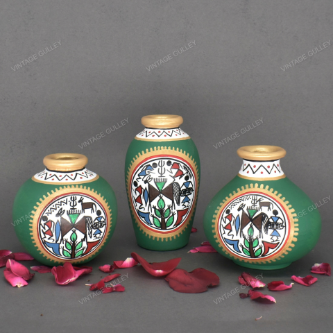 Green Warli Hand Painted Terracotta Pot - Set of 3