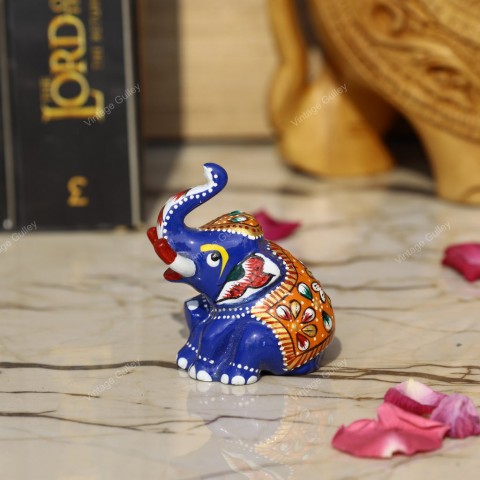 Meenakari Royal Blue Elephant Sitting - 3 Inches