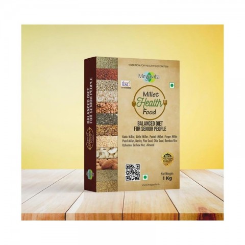 MEGAVITA Millets Health Food, Balanced Diet for Senior People, Balanced Diet Kodo, Foxtail, Finger, Pearl, Barley, Flax, Bamboo, Chia, Cashew, Almond Mixed Millet, 1 Kg